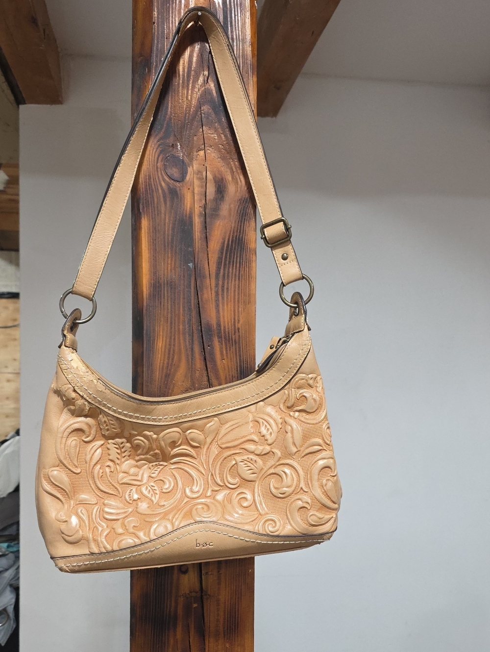 boc Tan Embossed Floral Leather Shoulder Bag